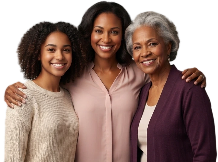Three women from three generations standing together and smiling